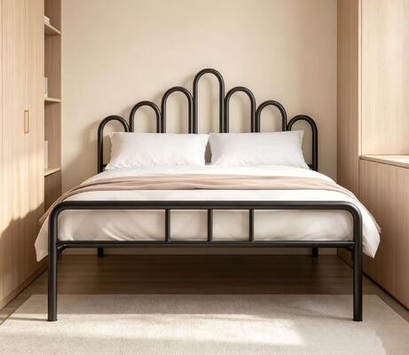 European Style Metal Bed Frame with Decorative Headboard Thickened Steel Frame and Noise Reducing Design