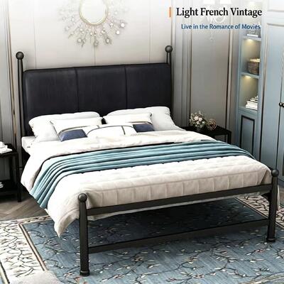 Modern French Style Metal Bed with Upholstered Headboard for Elegant Bedroom Furniture